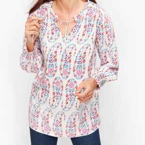 Talbots White Paisley Blouse Tie Neck Smocked Bishop Sleeve Blouse Top Sz LP